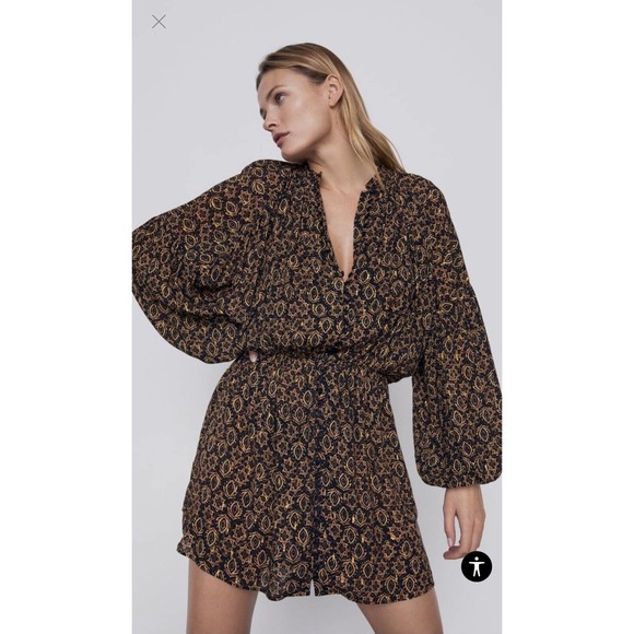 Zara Black Gold Metallic Print Long Sleeve Button Front Mini Dress Size Small - Picture 2 of 12